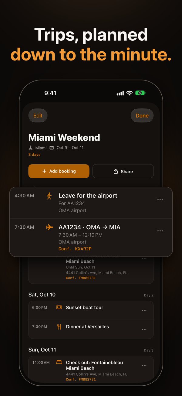 Trips: flights and bookings planned day by day